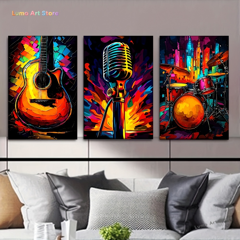 Musical Instrument In Drawing - 2D 3pcs/Set, Canvas Painting--Unframed, Neon Musical